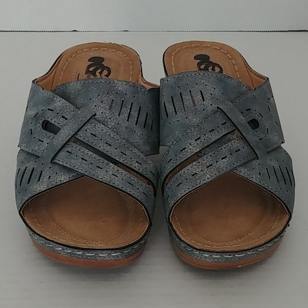 GC Shoes Miles Wedge Sandals Womens 8.5W Blue Laser Cut Boho Slip On Slide - Picture 9 of 9